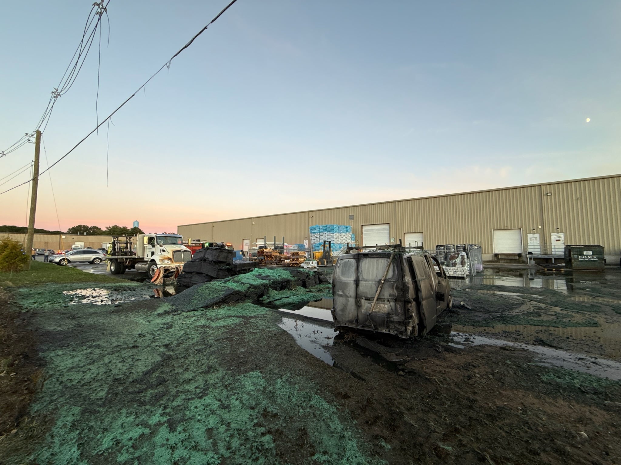 The fire outside of 95 Ryan Drive consumed a van, four pallets full of rubber mats and hydroseeding material, along with overhead power lines.